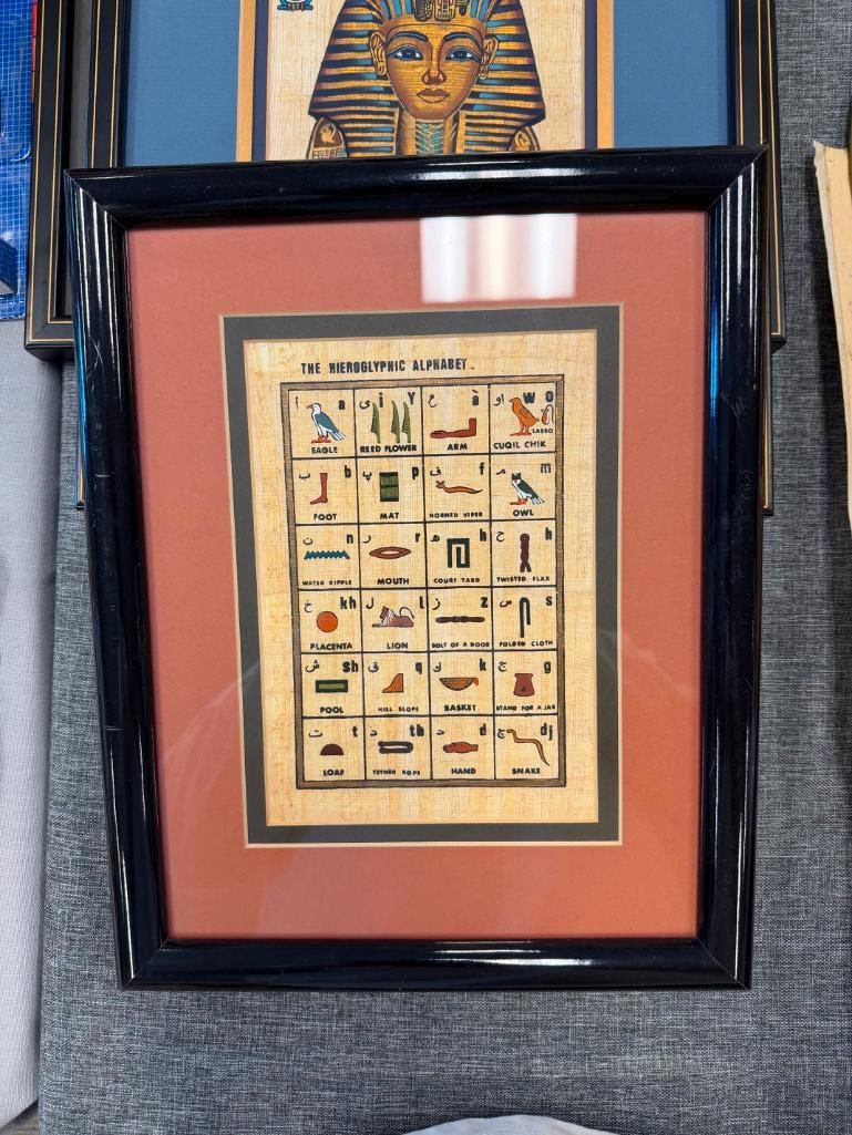 FOUR DEGYPTIAN THEMED COLLECTIBLES INCLUDING THREE PAPYRUS ART PIECES AND BRASS HIEROGLYPH PLATE - 9