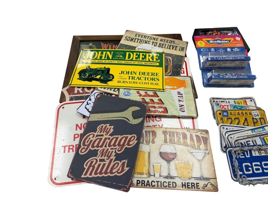 11 ASSORTED GAGAGE / MAN CAVE STYLE DECORATIVE METAL SIGNS INCLUDING JOHN DEERE, WINCHESTER, ETC. (1 of 8)