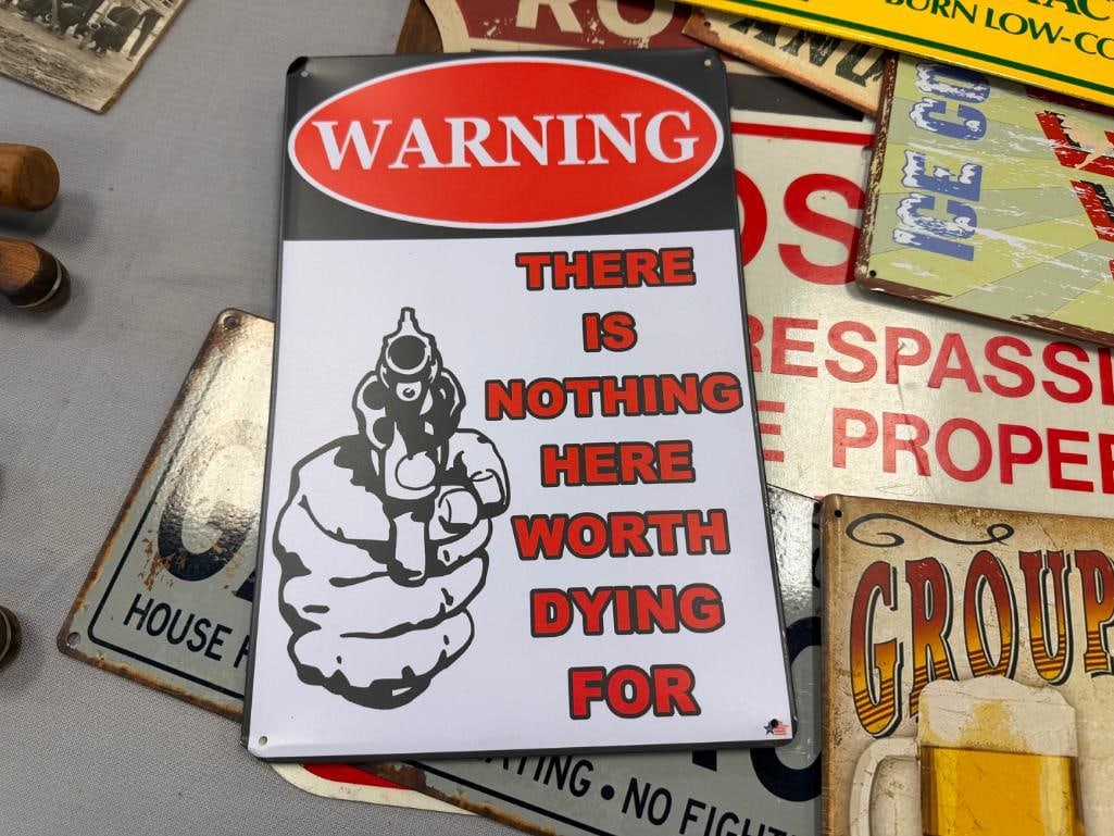 11 ASSORTED GAGAGE / MAN CAVE STYLE DECORATIVE METAL SIGNS INCLUDING JOHN DEERE, WINCHESTER, ETC. - 6