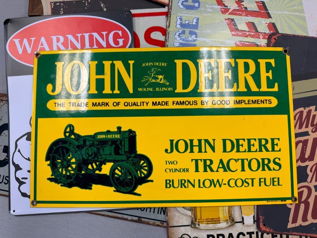 11 ASSORTED GAGAGE / MAN CAVE STYLE DECORATIVE METAL SIGNS INCLUDING JOHN DEERE, WINCHESTER, ETC. - 7