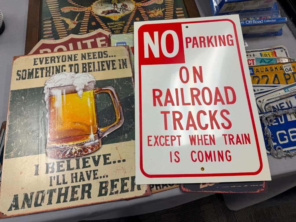 11 ASSORTED GAGAGE / MAN CAVE STYLE DECORATIVE METAL SIGNS INCLUDING JOHN DEERE, WINCHESTER, ETC. - 8