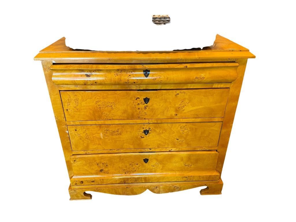 ANTIQUE 19TH CENTURY BIEDERMEIER BIRD'S EYE MAPLE BURL WOOD CHEST OF DRAWERS: NO MARKINGS, FOUR DRAWERS, NO KEY INCLUDED, OVERALL GOOD CONDITION WITH MINOR FLAWS, DOVE TAILED DRAWERS 38" X 18 1/2" X 35"