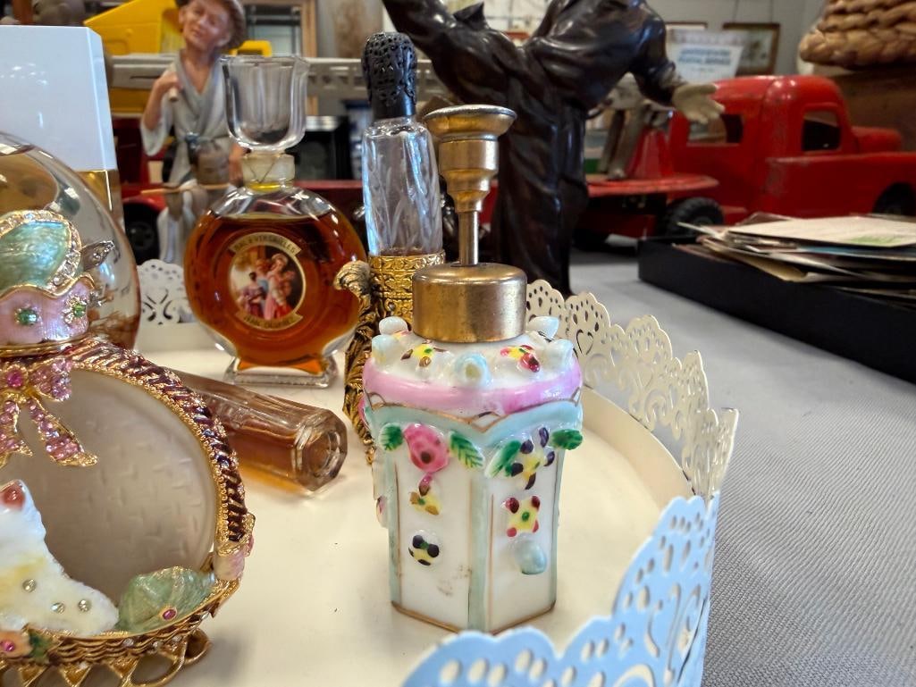 METAL TRAY FILLED WITH PERFUME BOTTLE COLLECTION OF EIGHT PERFUME BOTTLES INCLUDING CHANEL - 5