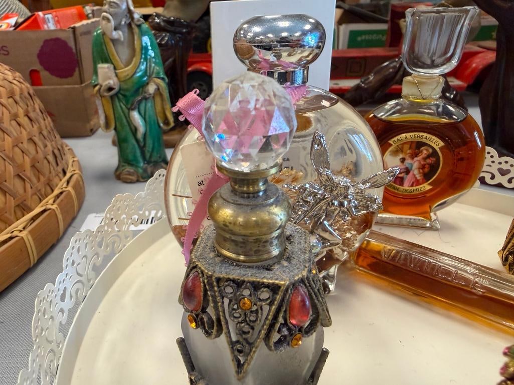 METAL TRAY FILLED WITH PERFUME BOTTLE COLLECTION OF EIGHT PERFUME BOTTLES INCLUDING CHANEL - 7