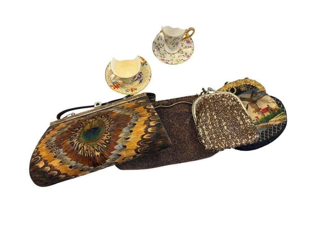 FOUR VINTAGE LADIES CLUTCH PURSES INCLUDING EXOTIC PEACOCK FEATHER, TAPESTRY PURSE, FRENCH MADE, ...: ALSO INCLUDES SMALL CLUTCH WITH METAL FRAME AND CHAIN HANDLE, EVENING BAG HAS BEADS COMING LOOSE LARGEST IS 10" X 5" X 3"