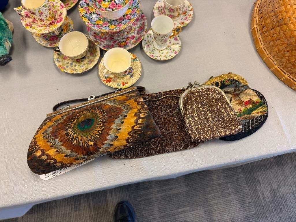 FOUR VINTAGE LADIES CLUTCH PURSES INCLUDING EXOTIC PEACOCK FEATHER, TAPESTRY PURSE, FRENCH MADE, ... - 2