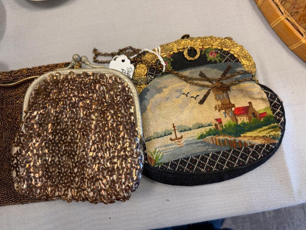 FOUR VINTAGE LADIES CLUTCH PURSES INCLUDING EXOTIC PEACOCK FEATHER, TAPESTRY PURSE, FRENCH MADE, ... - 3