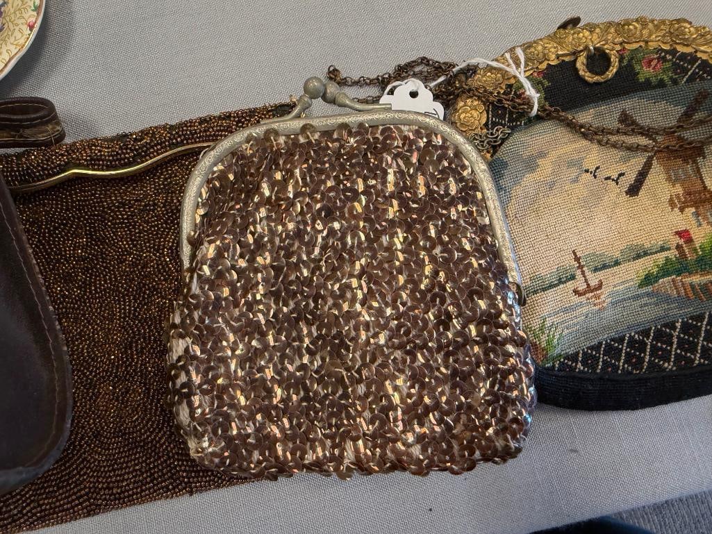 FOUR VINTAGE LADIES CLUTCH PURSES INCLUDING EXOTIC PEACOCK FEATHER, TAPESTRY PURSE, FRENCH MADE, ... - 4