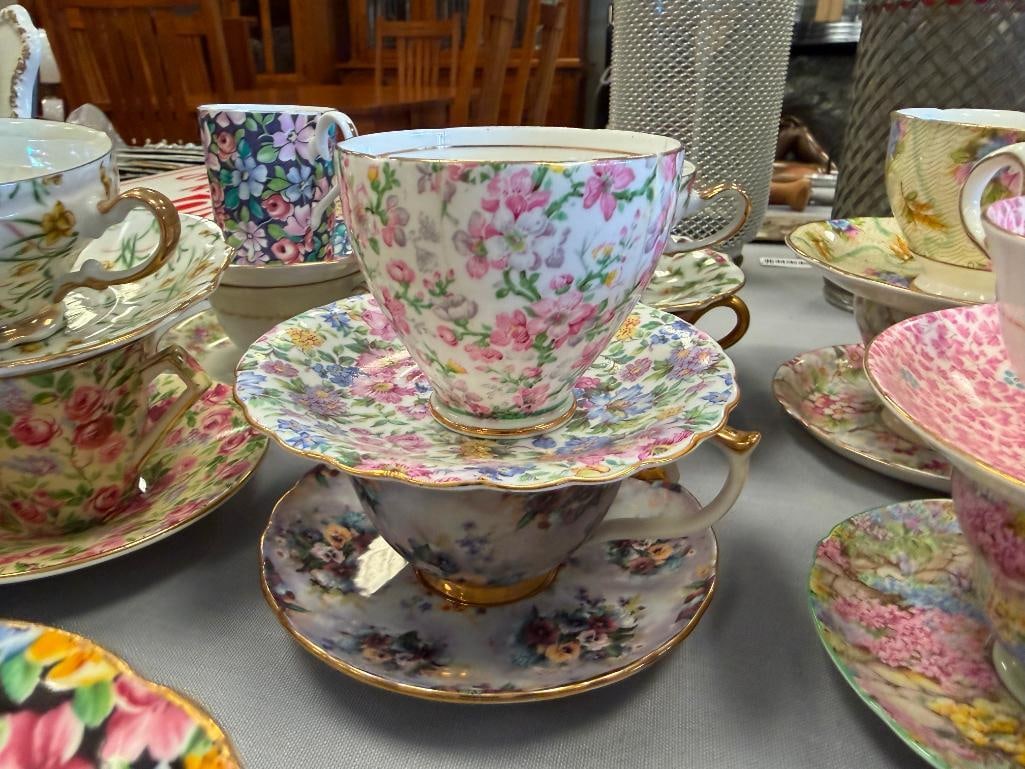 ASSORTED PORCELAIN CHINA TEACUPS AND SAUCERS FEATURING 20 SETS - 19
