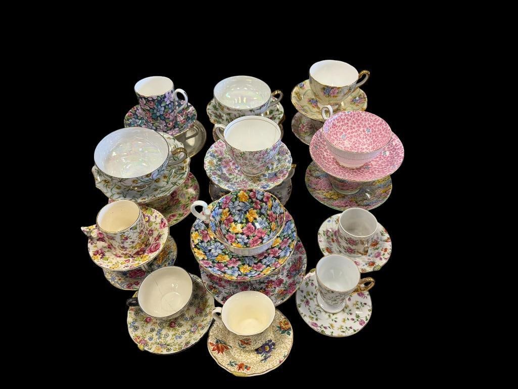 ASSORTED PORCELAIN CHINA TEACUPS AND SAUCERS FEATURING 20 SETS (1 of 20)