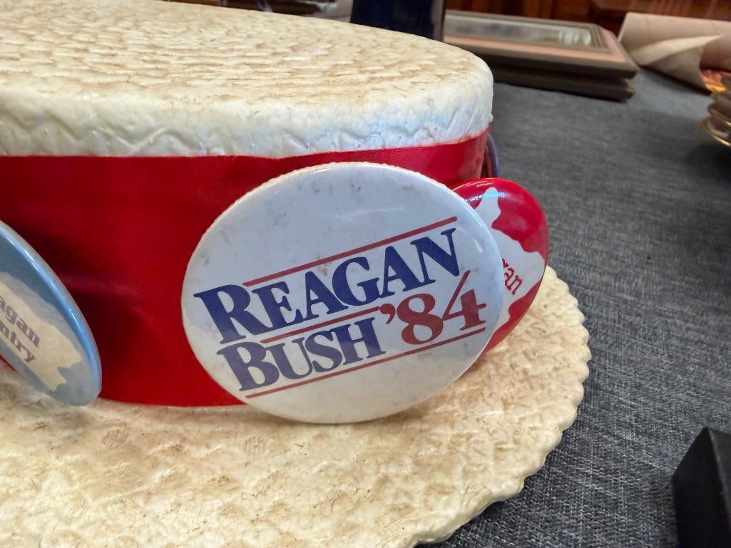 VINTAGE J.H.TS. RONALD RAEGAN PRESIDENTIAL STYROFOAM CAMPAIGN HAT WITH 10 POLITCAL BUTTONS - 4