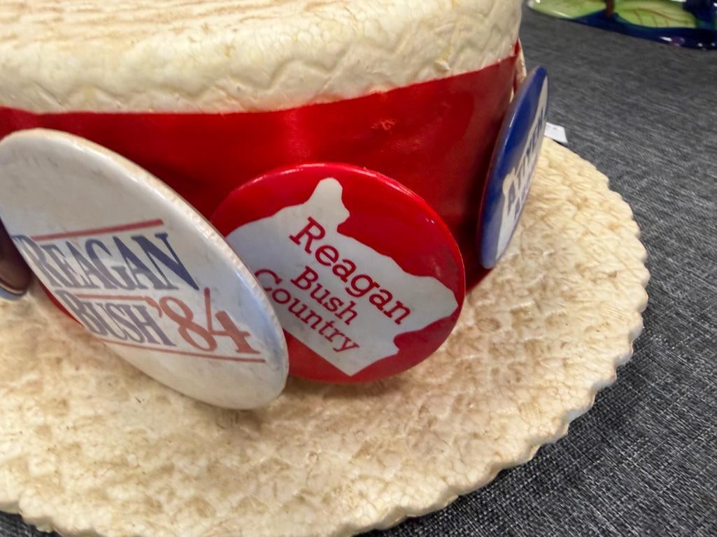 VINTAGE J.H.TS. RONALD RAEGAN PRESIDENTIAL STYROFOAM CAMPAIGN HAT WITH 10 POLITCAL BUTTONS - 5