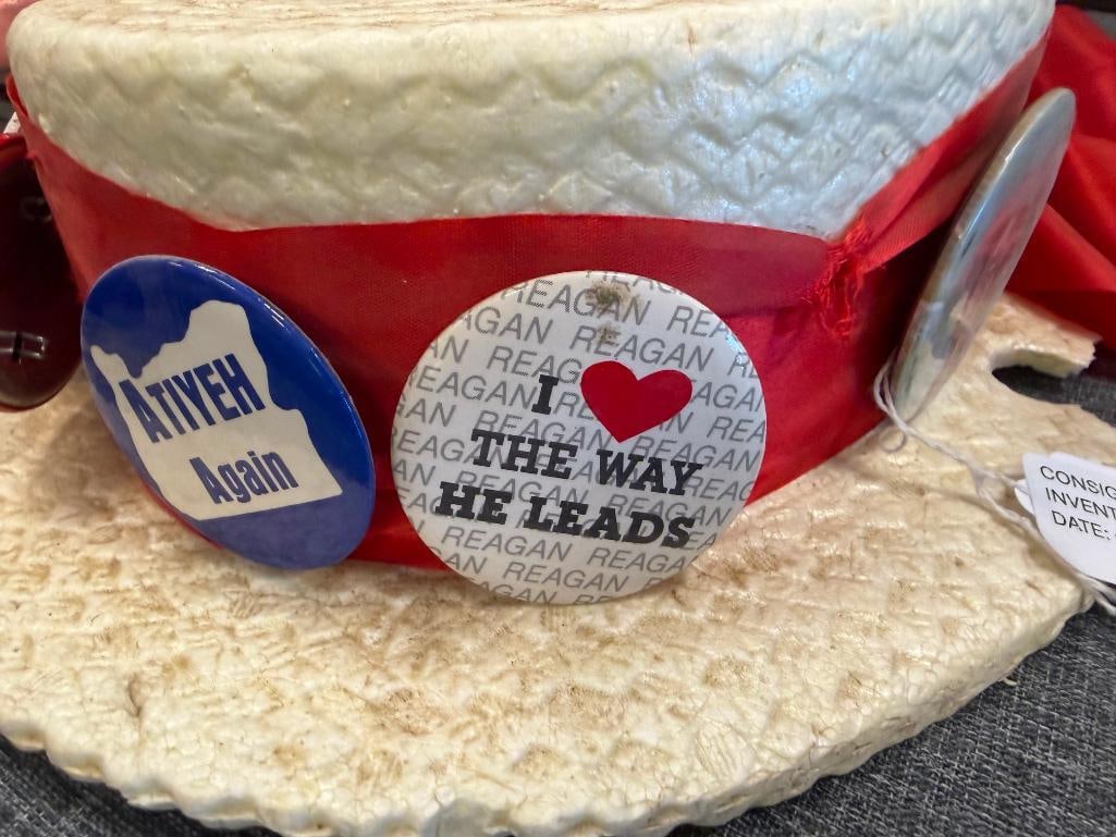 VINTAGE J.H.TS. RONALD RAEGAN PRESIDENTIAL STYROFOAM CAMPAIGN HAT WITH 10 POLITCAL BUTTONS - 6