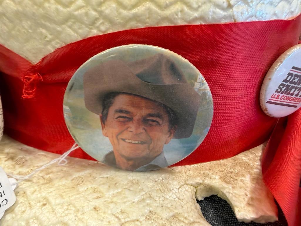 VINTAGE J.H.TS. RONALD RAEGAN PRESIDENTIAL STYROFOAM CAMPAIGN HAT WITH 10 POLITCAL BUTTONS - 7