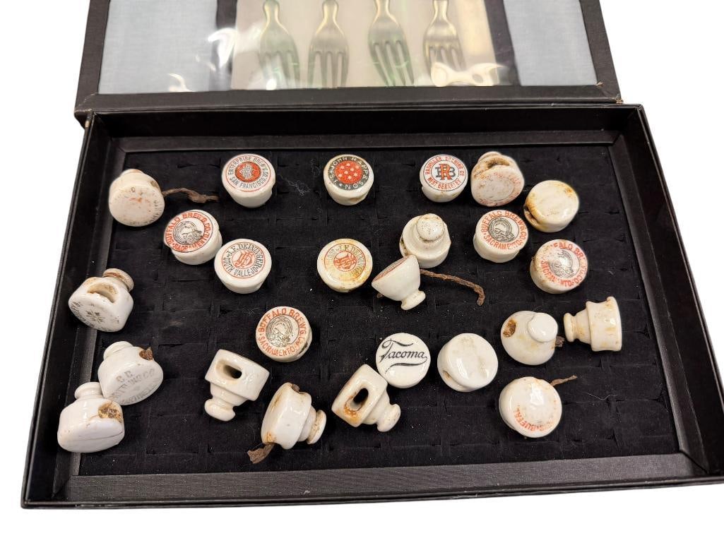 25 VINTAGE PORCELAIN ADVERTISING BOTTLE STOPPERS FRO BREWERIES INCLUDING J.F. DEININGER, BUFFALO,... (1 of 11)