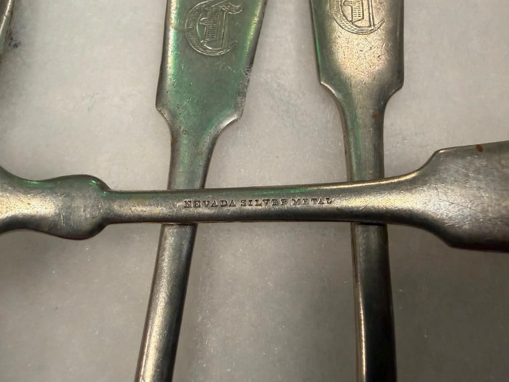 FOUR NEVADA SILVER METAL SILVERPLATED "C" MONOGRAMMED FORKS - 9