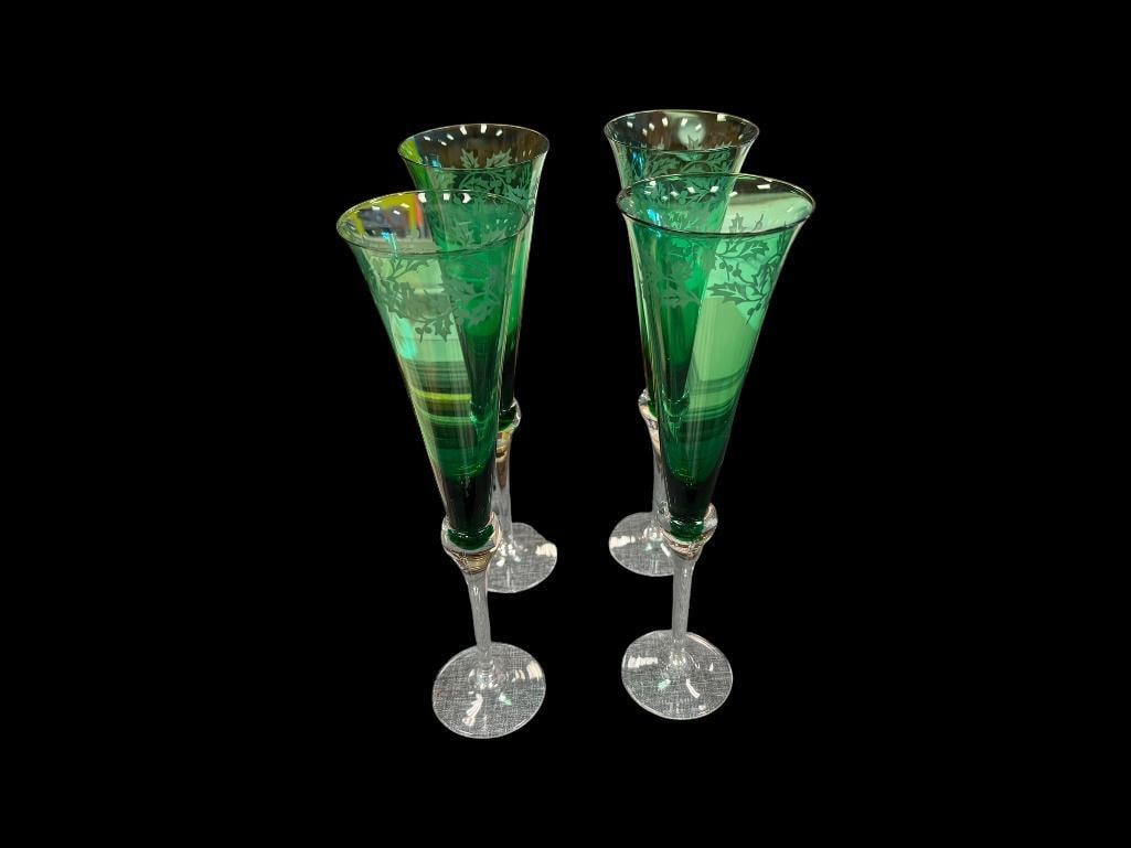 SET OF FOUR LENOX CRYSTAL HOLIDAY GEMS EMERALD GREEN CHAMPAGNE FLUTERS - 2