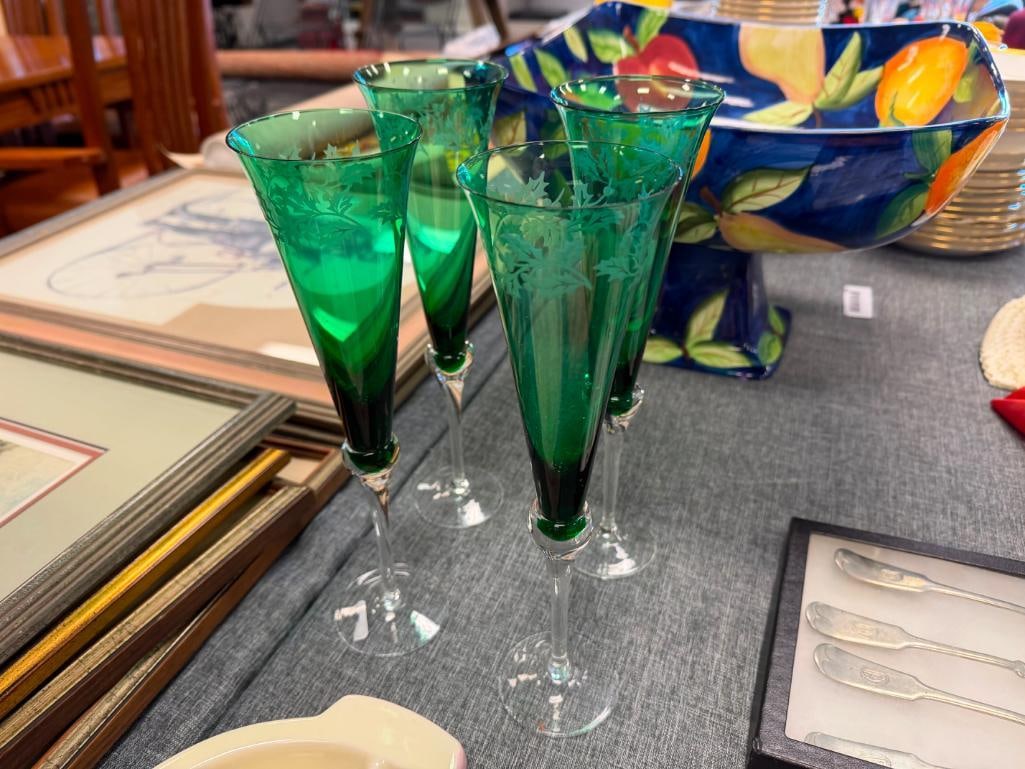 SET OF FOUR LENOX CRYSTAL HOLIDAY GEMS EMERALD GREEN CHAMPAGNE FLUTERS - 3