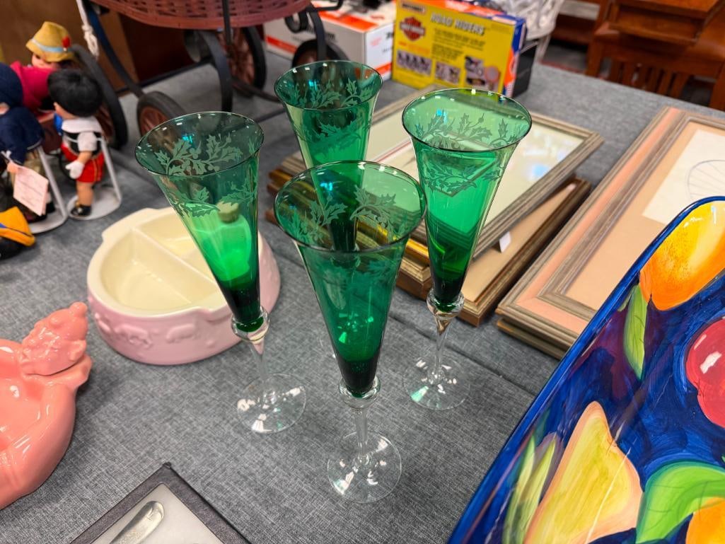 SET OF FOUR LENOX CRYSTAL HOLIDAY GEMS EMERALD GREEN CHAMPAGNE FLUTERS - 8