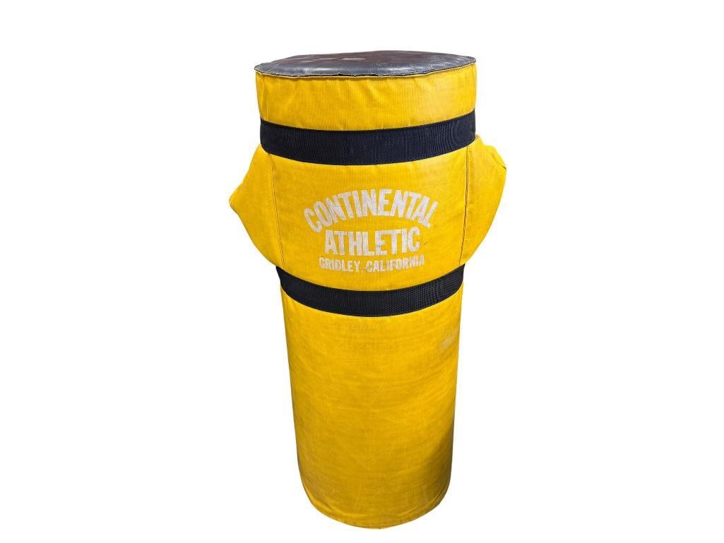 VINTAGE CONTINENTAL ATHLETIC GRIDLEY, CALIFORNIA HANDLED PUNCHING BAG: LIGHT BAG, TO BE USED WITH SOMEONE HOLDING THE BAG 14" X 36"