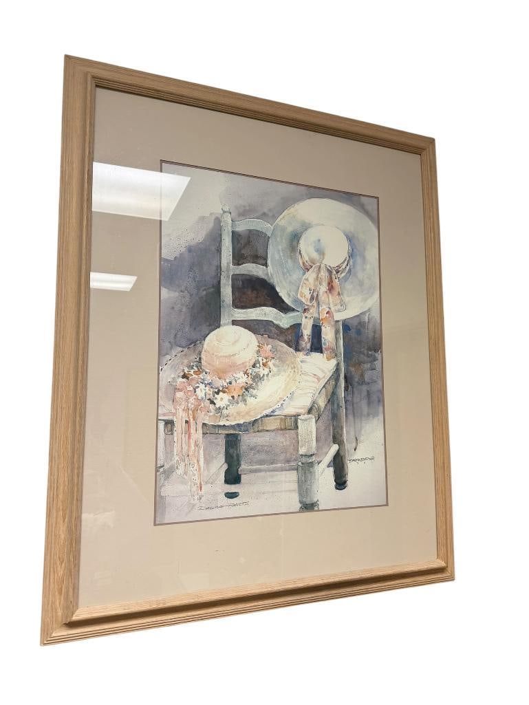 ARTIST SIGNED DALINA DARTON " TWO HATS AND CHAIR " PRINT: 1987, FRAMED AND DOUBLE MATTED, SIGNED BY ARTIST IN LOWER LEFT 26 1/2" X 32 1/2" FRAME
