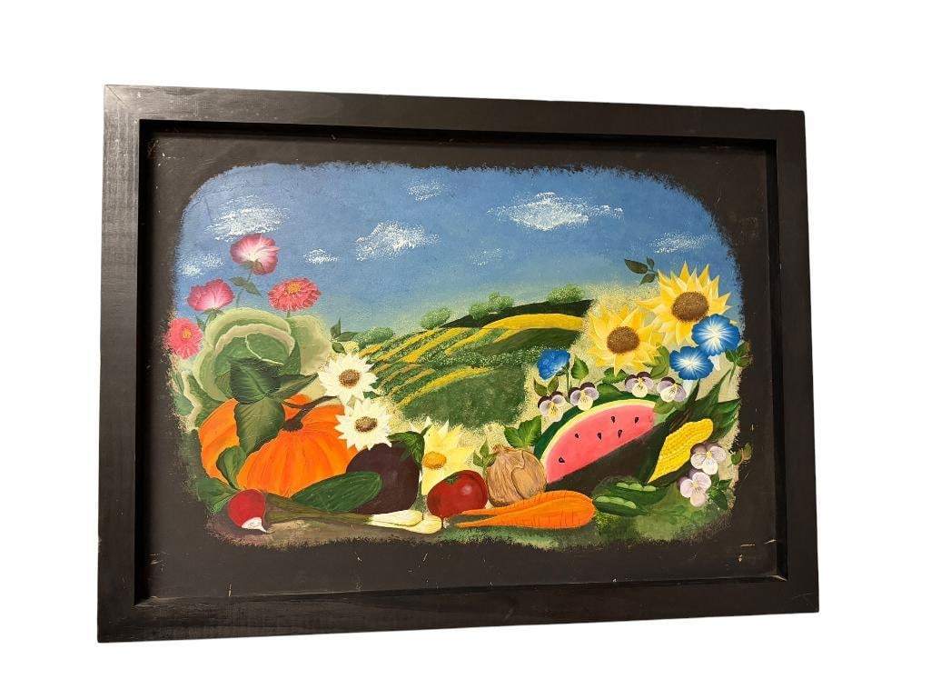 VINTAGE ORIGINAL OIL PAINTING ON TIN METAL FEATURING COUNTRYSIDE WITH FRUIT AND FLOWERS: SIGNED BY ARTIST IN LOWER RIGHT BUT ILLEGIBLE, FRAMED 25 1/2" X 19" FRAME