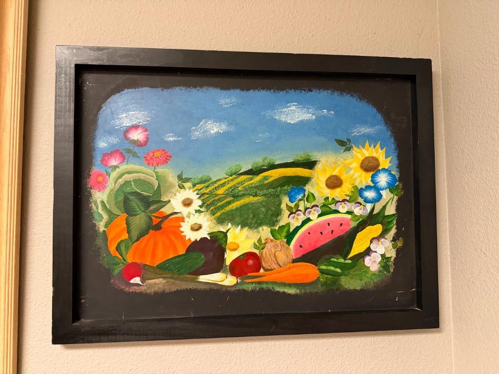 VINTAGE ORIGINAL OIL PAINTING ON TIN METAL FEATURING COUNTRYSIDE WITH FRUIT AND FLOWERS - 2