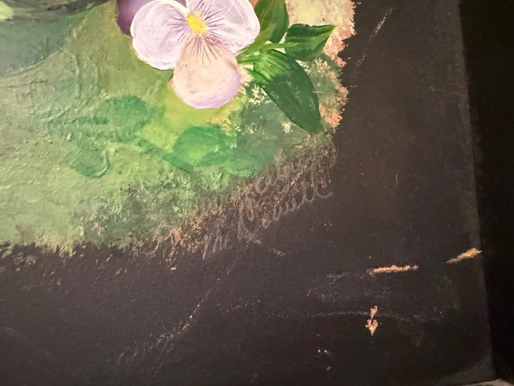 VINTAGE ORIGINAL OIL PAINTING ON TIN METAL FEATURING COUNTRYSIDE WITH FRUIT AND FLOWERS - 3