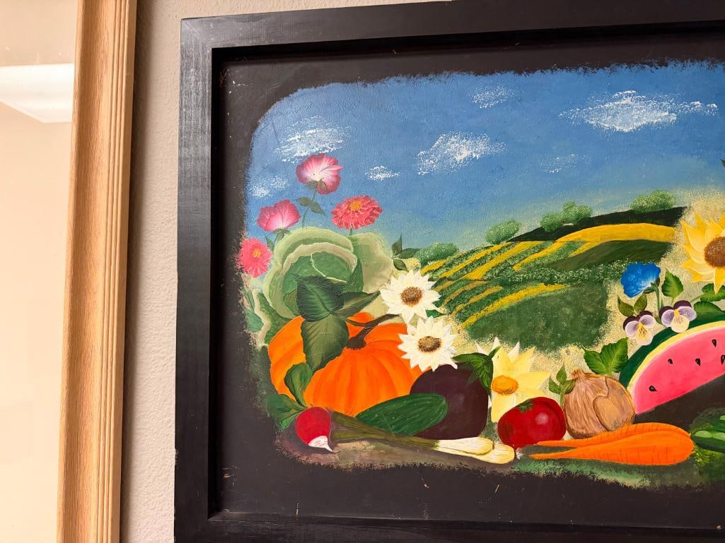 VINTAGE ORIGINAL OIL PAINTING ON TIN METAL FEATURING COUNTRYSIDE WITH FRUIT AND FLOWERS - 4