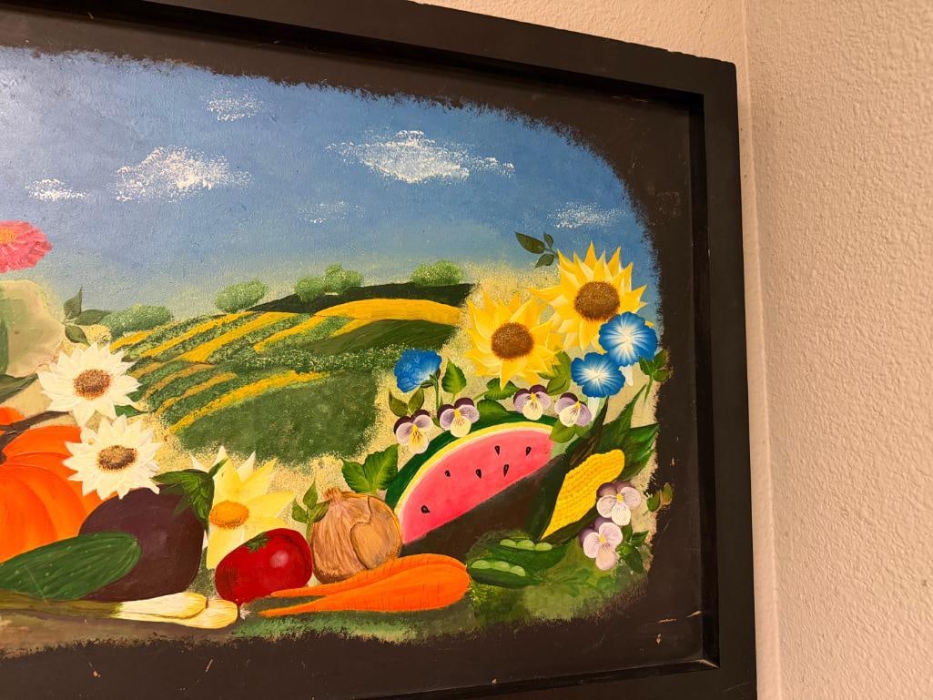 VINTAGE ORIGINAL OIL PAINTING ON TIN METAL FEATURING COUNTRYSIDE WITH FRUIT AND FLOWERS - 5