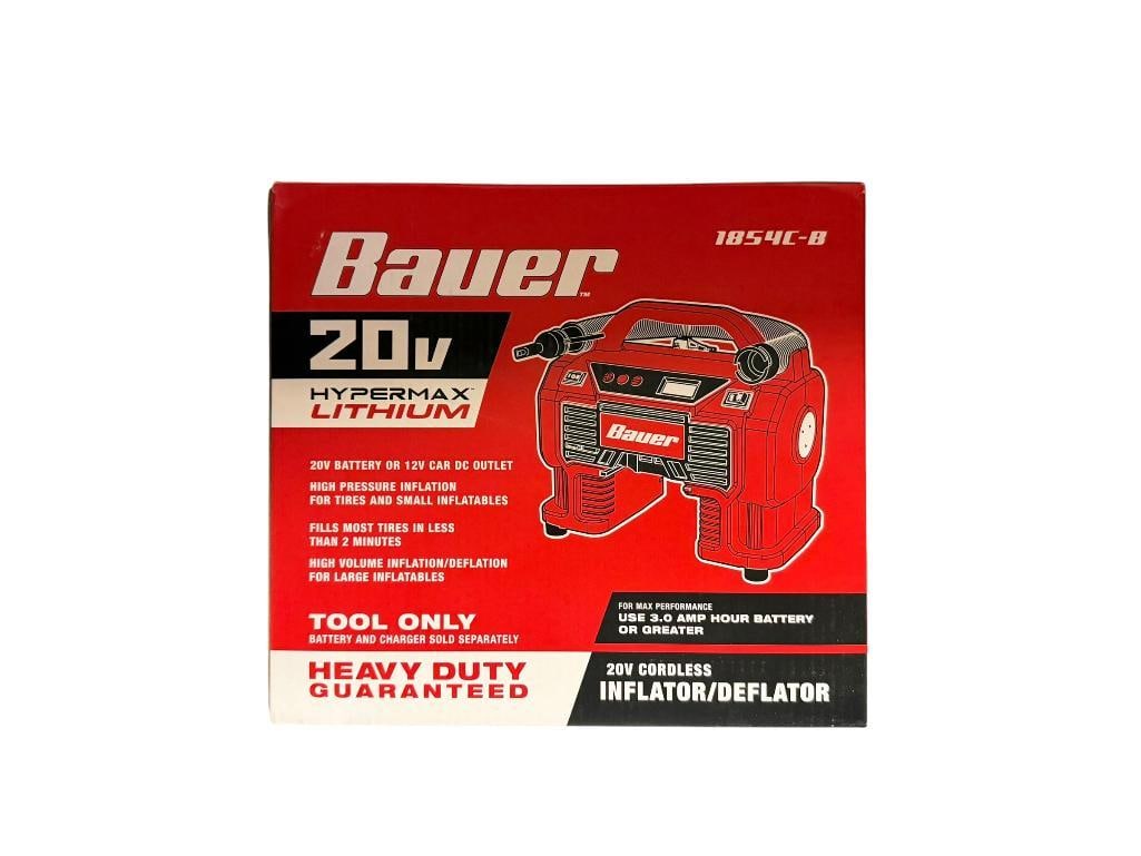 BAUER 1854C-B 20V HYPERMAX LITHIUM INFLATOR / DEFLATOR: LIKE NEW IN ORIGINAL BOX, 3.0 AMP HOUR BATTERY OF GREATER, TOOL ONLY, NO BATTERY OR CHARGER INCLUDED