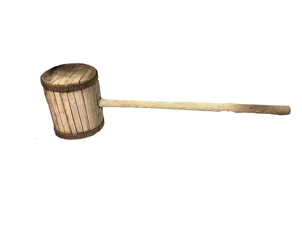 ANTIQUE IRON BRANDED WOOD CARNIVAL CIRCUS MALLET: COULD POSSIBLY BE A CARPENTER'S MALLET, FAIR CONDITION 9" HEAD WITH 27" HANDLE