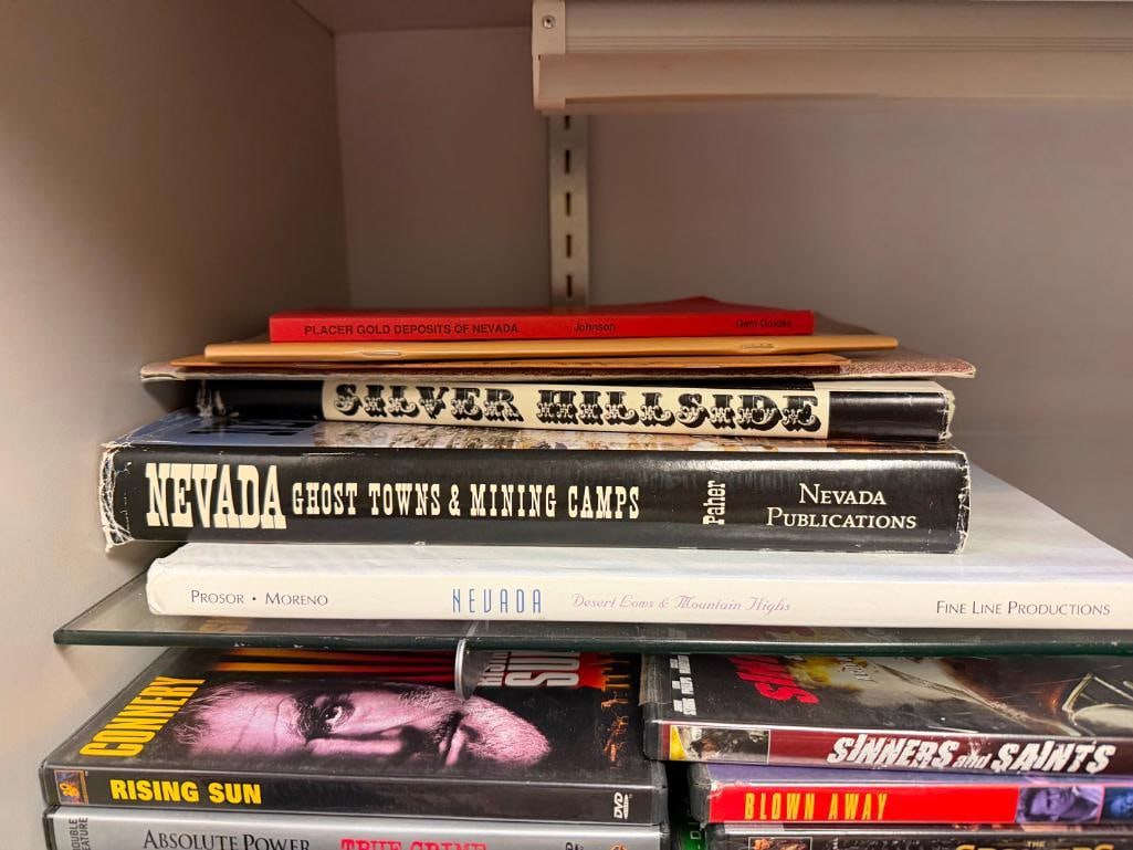 NEVADA THEMED BOOKS INCLUDING " PLACER GOLD DEPOSITS OF NEVADA " BY MAUREEN JOHNSON: ALSO INCLUDES "SILVER HILLSIDE" BY BARBARA RICHNAK COPYRIGHT 1984, "NEVADA GHOST TOWNS & MINING CAMPS" BY STANLEY PAHER COPYRIGHT 1970, AND MORE LARGEST IS 9 1/2" X 12"