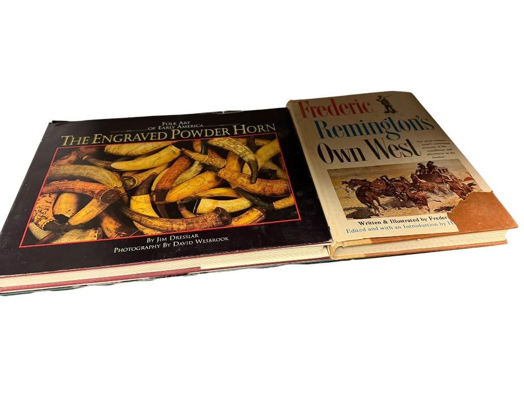 " THE ENGRAVED POWDER HORN " BY JIM DRESSLAR BOOK AND " FREDERIC REMINGTON'S OWN WEST " BOOK: REMINGTON'S BOOK FEATURING ILLUSTRATIONS BY FREDERIC REMINGTON COPYRIGHT 1960 LARGEST IS 12 1/2" X 9 1/2"