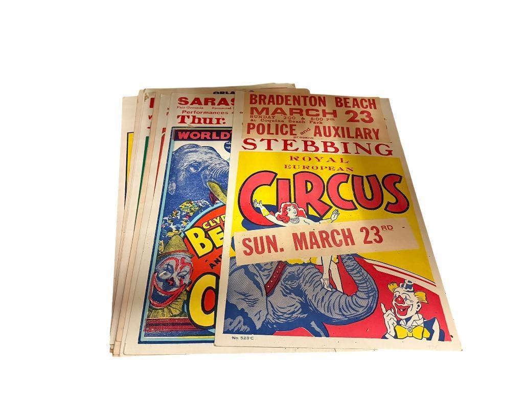 14 VINTAGE CIRCUS POSTERS INCLUDING CLYDE BEATY, COLE BROS., CARSON & BARNES, AND MORE: FEATURING LOCATIONS INCLUDING SARASOTA, FLORIDA, BRADENTOWN BEACH, DECATUR, ORLANDO, AND MOSTLY FLORIDA SITES, MOST IN FAIR TO GOOD CONDITION 14" X 22 1/2"
