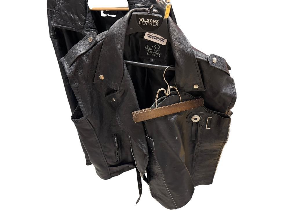 REAL LEATHER BLACK LEATHER MOTORCYCLE VEST AND FMC BLACK LEATHER THIGH CHAPS (1 of 10)