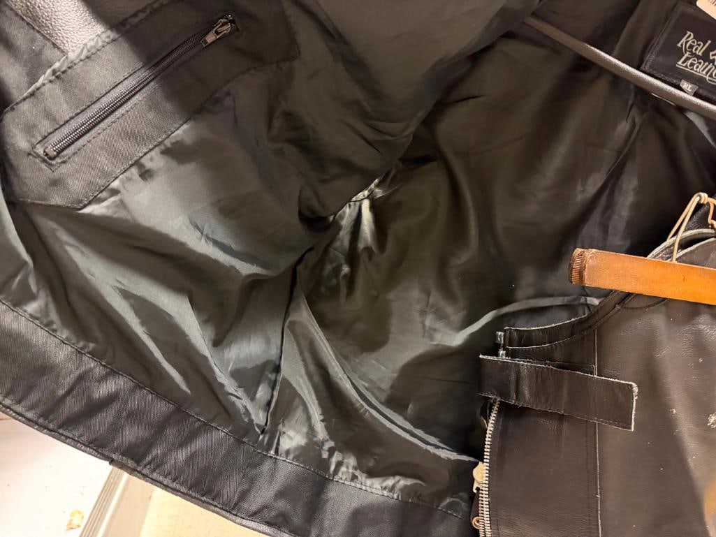 REAL LEATHER BLACK LEATHER MOTORCYCLE VEST AND FMC BLACK LEATHER THIGH CHAPS - 6