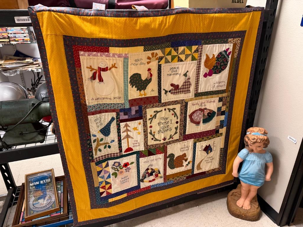 HANDMADE VINTAGE WALL HANGING QUILT FEATURING QUOTES INCLUDING "FOR THESE I GIVE THANKS" - 2
