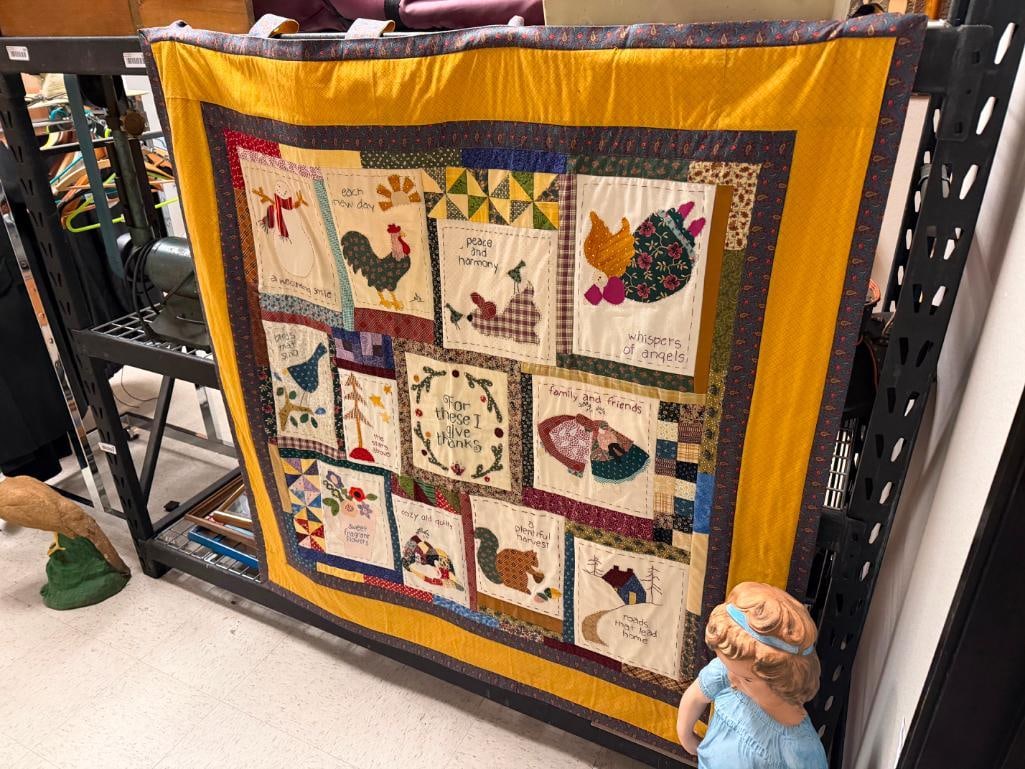 HANDMADE VINTAGE WALL HANGING QUILT FEATURING QUOTES INCLUDING "FOR THESE I GIVE THANKS" - 3