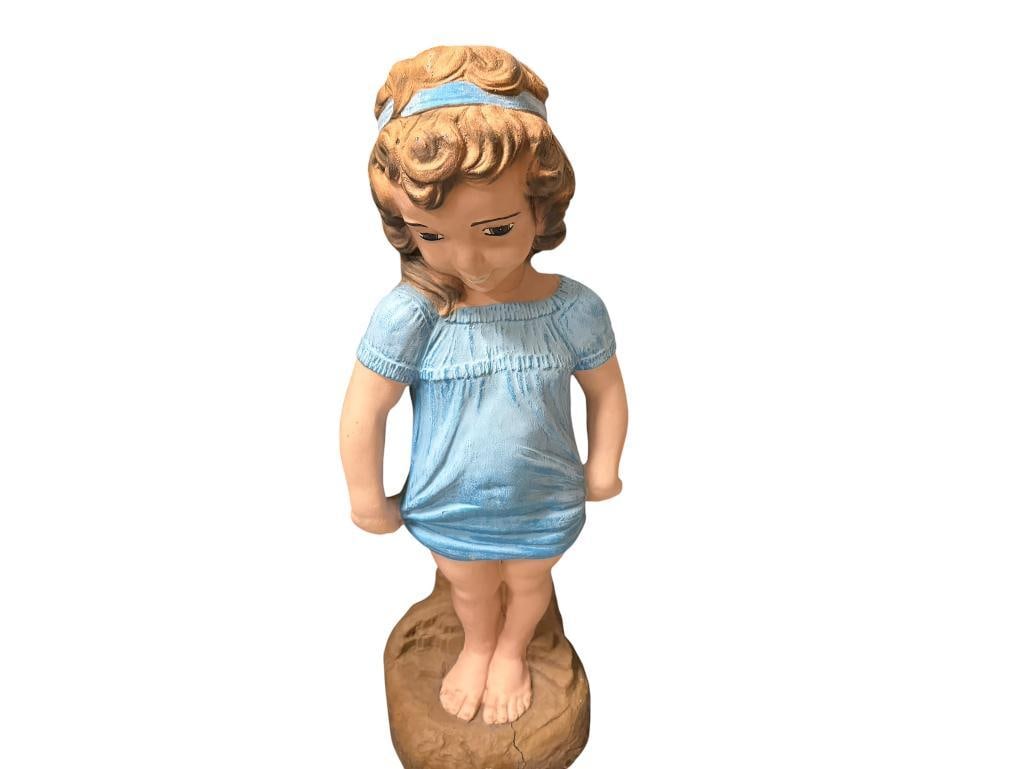 VINTAGE YOUNG GIRL IN BLUE BONNET PAINTED CEMENT YARD ART SCULPTURE: GOOD CONDITION 31" H