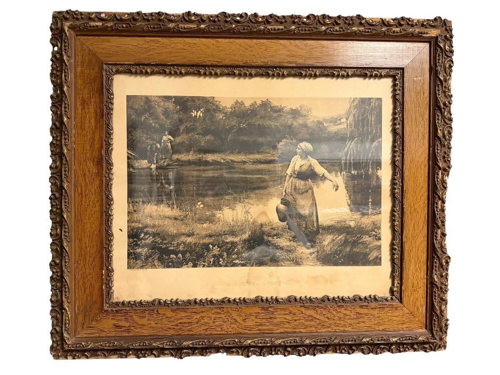 19TH CENTURY ETCHING "A SUMMER EVENING." ORIGINALLY PAINTED BY LOUIS EMILE ADAN: VICTORIAN WOOD FRAME, SOME STAINAGE TO ETCHING AND DAMAGE TO FRAME, DEPICTING WOMAN CARRYING WATER PITCHER FROM RIVER 28" X 24" FRAME