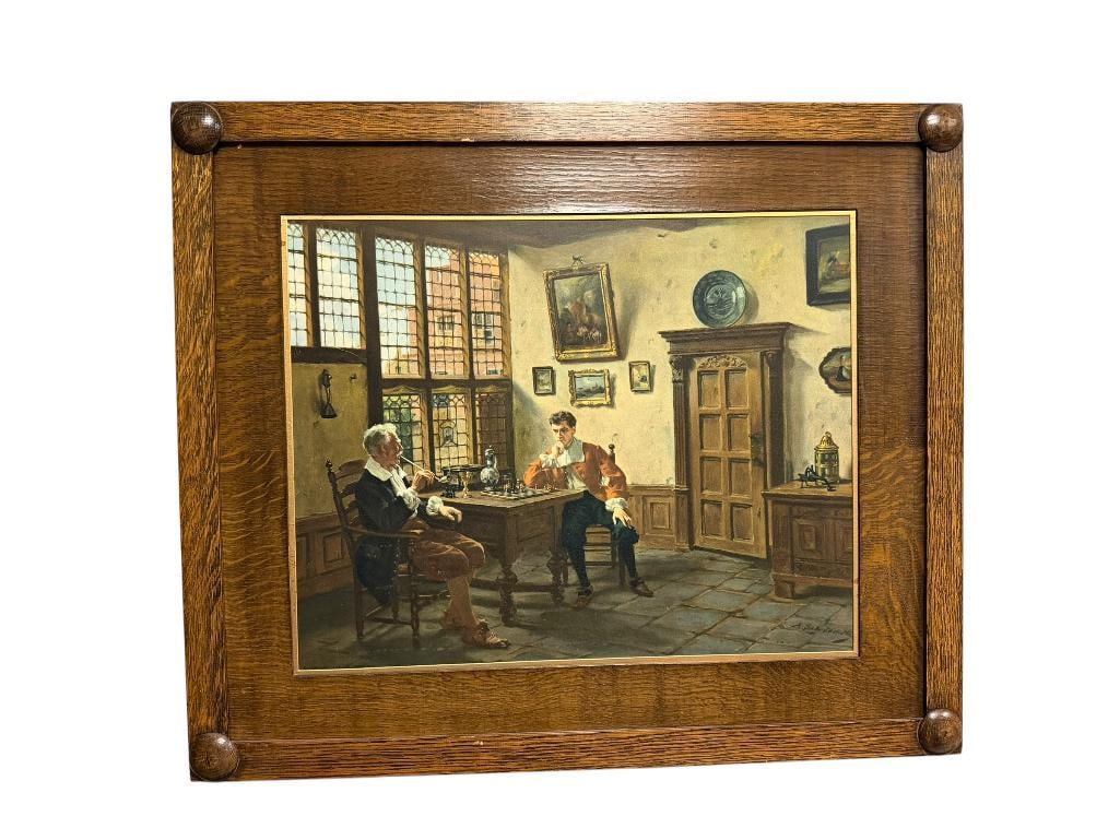 ANTIQUE PRINT " CHECKMATED " BY GERMAN ARTIST ALBERT SCHRODER: ALBERT FREDERICH SCHRODER, IN EUROPEAN OAK FRAME, LABEL ON BACK SAYS THE TITLE IS "CHECKMATED", GOOD CONDITION WITH MINOR SCRATCH IN SURFACE 27 1/2" X 23" FRAME