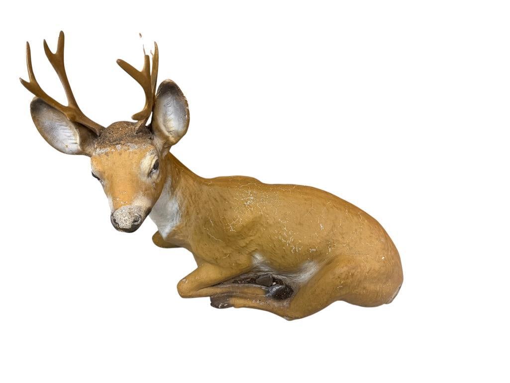 FIGURAL RESTING BUCK DEER PAINTED CEMENT YARD ART SCULPTURE: GOOD CONDITION WITH SOME FLAKES TO PAINT AND NOSE 26" L X 24" H