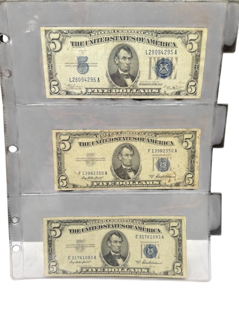 THREE U.S. $5 CURRENCY NOTES WITH BLUE SEALS INCLUDING 1934-B AND TWO 1953-A (1 of 12)