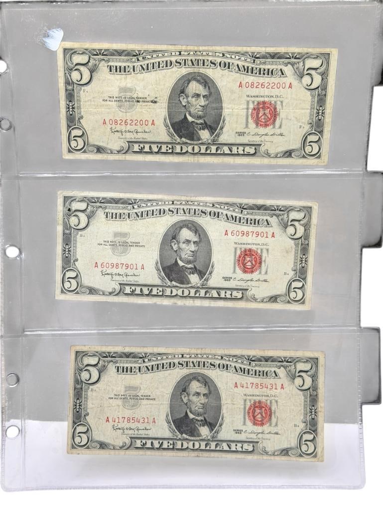 THREE 1963 U.S. $5 CURRENCY NOTES FEATURING RED SEALS (1 of 15)