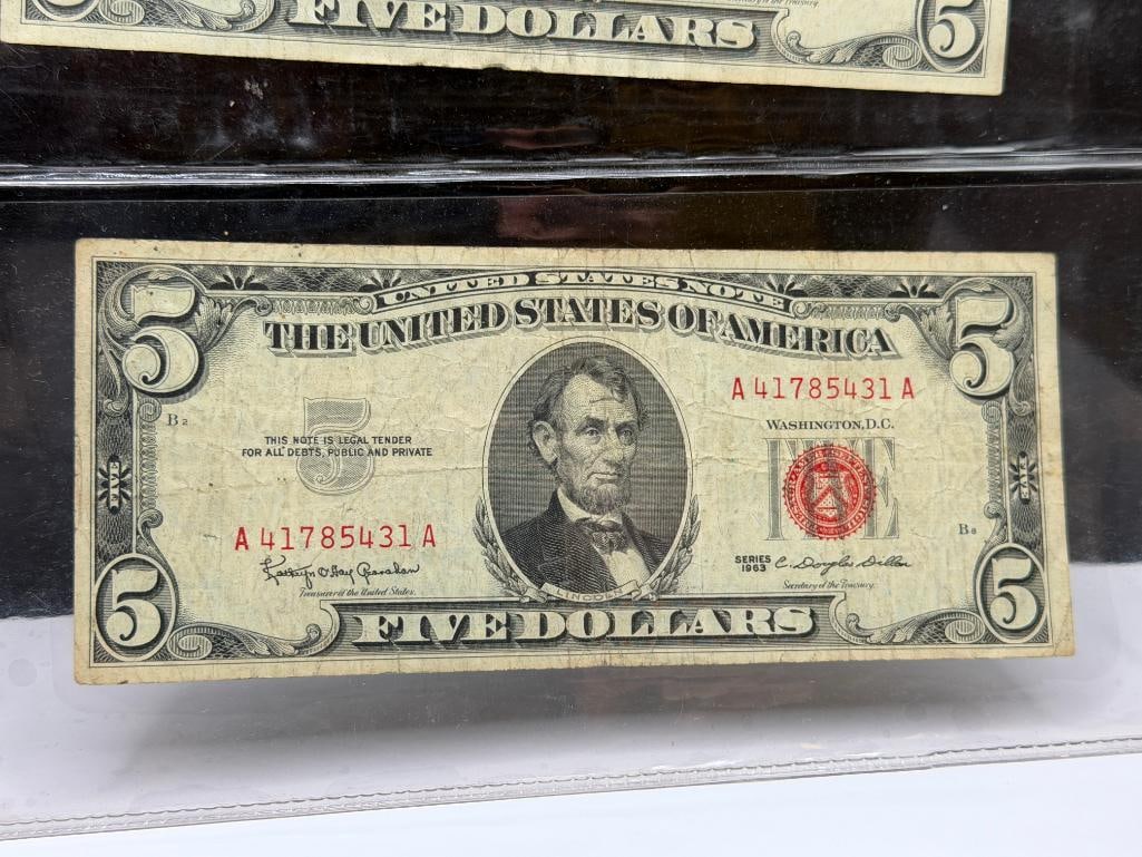 THREE 1963 U.S. $5 CURRENCY NOTES FEATURING RED SEALS - 6