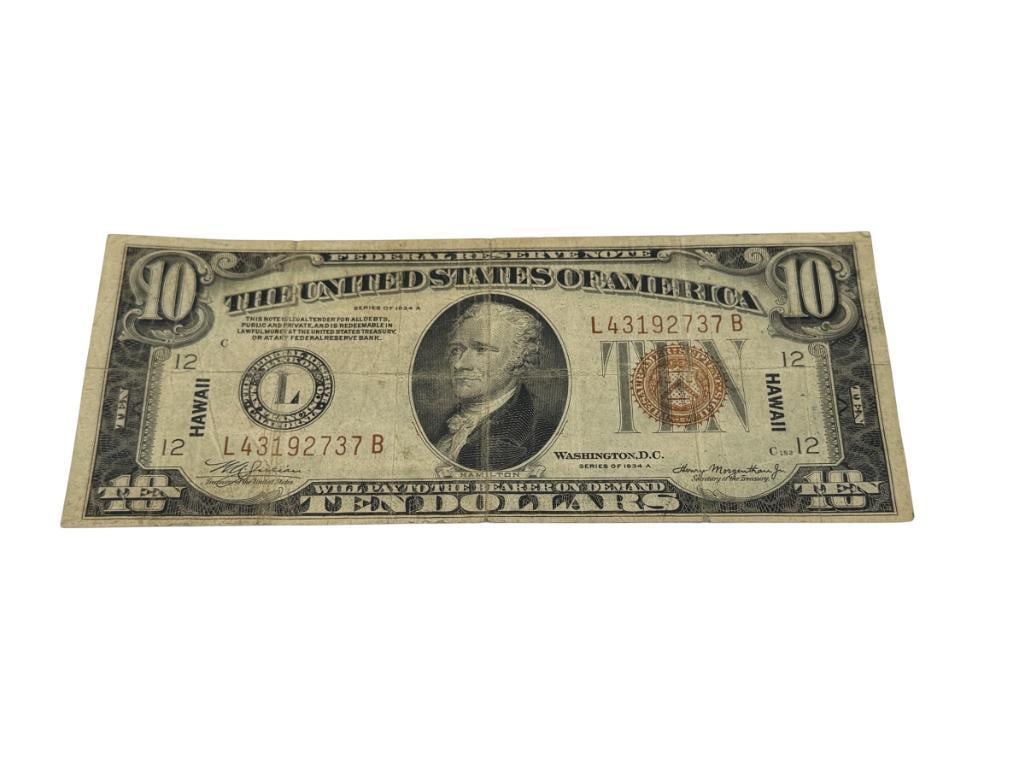 1934-A $10 FEDERAL RESERVE CURRENCY NOTE HAWAIIAN NOTE (1 of 7)