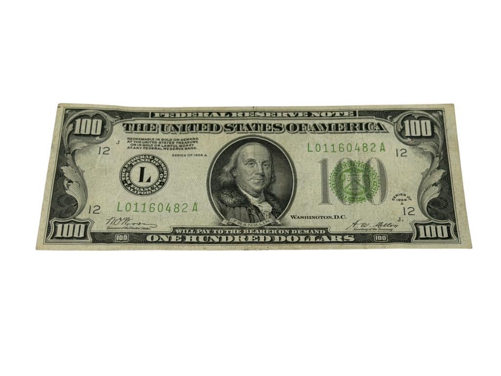 1928-A $100 FEDERAL RESERVE CURRENCY NOTE REEDEMABLE IN GOLD ON DEMAND: GREEN SEAL, SERIAL # L01160482A, FEDERAL RESERVE BANK OF SAN FRANCISCO, CALIFORNIA