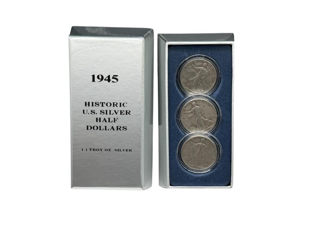 1945 HISTORIC U.S. SILVER HALF DOLLARS SET INCLUDING THREE WALKING LIBERTY SILVER HALF DOLLARS (1 of 16)