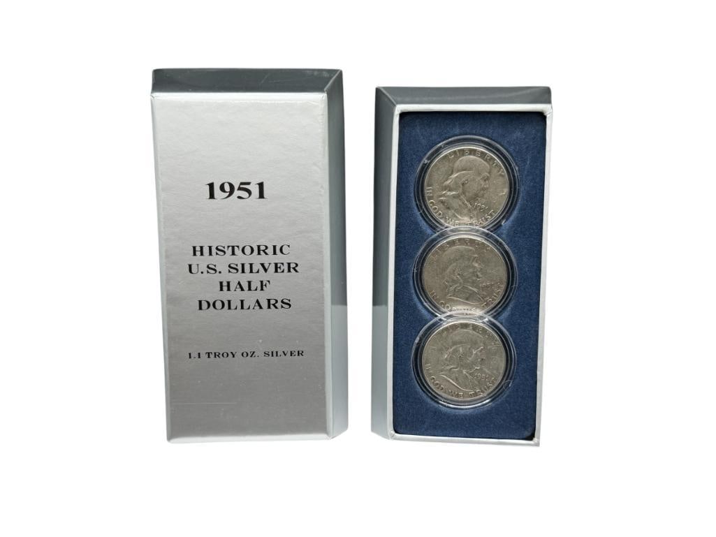 1951 HISTORIC U.S. SILVER HALF DOLLARS SET FEATURING THREE FRANKLIN SILVER HALF DOLLARS (1 of 7)